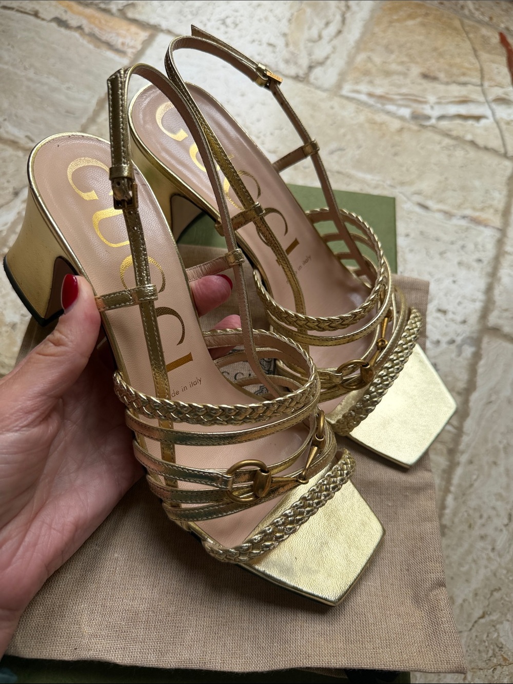 Gucci Platino Metallic Gold Braided Strap Block Heel Slingbacks